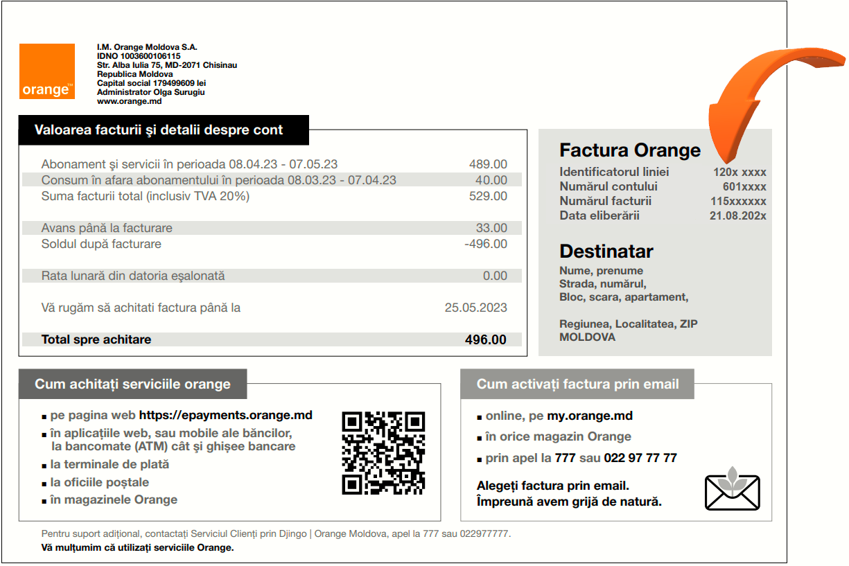 Factura lunara Orange Moldova, bonul de plata primit la e-mail cu suma de achitat